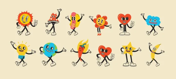 Groovy Hippie Love Sticker Character Comic Happymushroom Hot Dog Cloud — 图库矢量图片