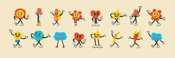 Groovy Hippie Love Sticker Character Comic Happymushroom Hot Dog Cloud — Image vectorielle