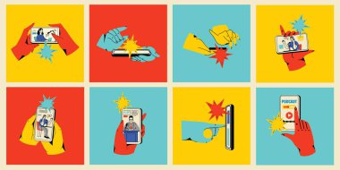 Haber kavramı, online video izleme, podcast, talk show, TV uygulaması, canlı yayın. Ekranda mikrofonu olan bir adamla el ele tutuşmak. Çizgi film tarzında vektör illüstrasyonu