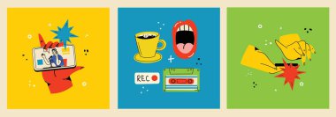 Kulaklıklar, mikrofon, laptop, dengeleyici, konuşma baloncukları. Podcast kayıt ve dinleme, yayın, çevrimiçi radyo, ses yayını hizmeti kavramı. El çizimi Vektör izole çizimleri