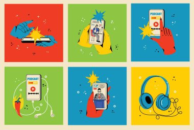 Kulaklıklar, mikrofon, laptop, dengeleyici, konuşma baloncukları. Podcast kayıt ve dinleme, yayın, çevrimiçi radyo, ses yayını hizmeti kavramı. El çizimi Vektör izole çizimleri