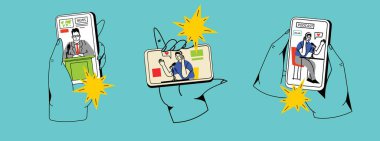 Haber kavramı, online video izleme, podcast, talk show, TV uygulaması, canlı yayın. Ekranda mikrofonu olan bir adamla el ele tutuşmak. Çizgi film tarzında vektör illüstrasyonu