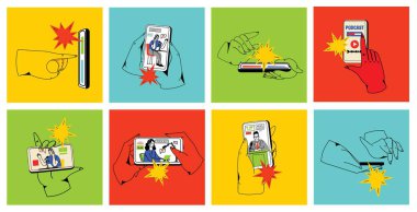 Haber kavramı, online video izleme, podcast, talk show, TV uygulaması, canlı yayın. Ekranda mikrofonu olan bir adamla el ele tutuşmak. Çizgi film tarzında vektör illüstrasyonu