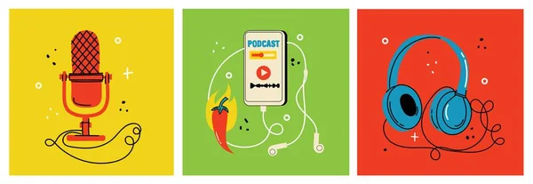 Podcast Ηχογράφηση Και Ακρόαση Μετάδοση Απευθείας Σύνδεση Ραδιόφωνο Audio Streaming — Διανυσματικό Αρχείο