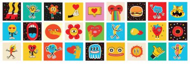 70s groovy square posters, cards or stickers. Retro print with hippie cute colorful geometric shapes, funky character concepts of crazy geometric, dripping emoticon. Only good vibes sentence concept