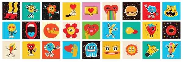 70S Groovy Square Posters Cards Stickers Retro Print Hippie Cute — Vector de stock