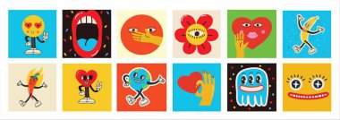 70s groovy square posters, cards or stickers. Retro print with hippie cute colorful geometric shapes, funky character concepts of crazy geometric, dripping emoticon. Only good vibes sentence concept