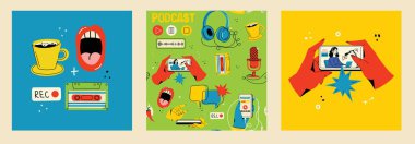 Haber kavramı, online video izleme, podcast, talk show, TV uygulaması, canlı yayın. Ekranda mikrofonu olan bir adamla el ele tutuşmak. Çizgi film tarzında vektör illüstrasyonu