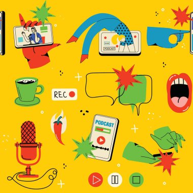 Podcast kusursuz desen. Blog yazma, video yükleme ve canlı yayın için arka plan. Podcast elementleri, kulaklıklar, konuşma baloncukları ve mikrofonlu el yazısı. Vektör illüstrasyonu.
