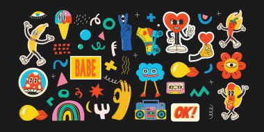 Groovy hippie love sticker character. Comic happymushroom, hot dog and cloud character with wings in trendy retro 60s 70s cartoon style. Vintage isolated vector illustration.