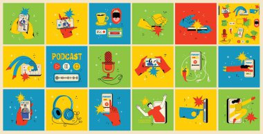 İnternette video izleme, podcast, talk show, TV uygulaması, canlı yayın kavramı. Ekranda mikrofonu olan bir adamla el ele tutuşmak. Çizgi film tarzında vektör illüstrasyonu