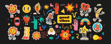 Groovy hippie love sticker character. Comic happymushroom, hot dog and cloud character with wings in trendy retro 60s 70s cartoon style. Vintage isolated vector illustration.
