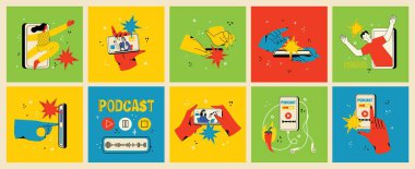 İnternette video izleme, podcast, talk show, TV uygulaması, canlı yayın kavramı. Ekranda mikrofonu olan bir adamla el ele tutuşmak. Çizgi film tarzında vektör illüstrasyonu