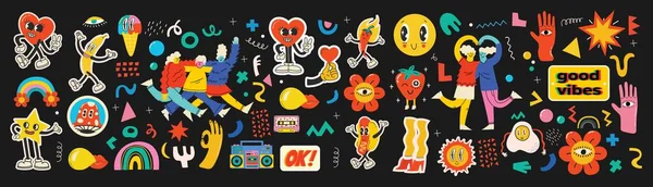 Groovy Hippie Love Sticker Character Comic Happymushroom Hot Dog Cloud — Stock Vector