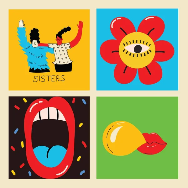 70S Groovy Square Posters Cards Stickers Retro Print Hippie Cute — Vetor de Stock