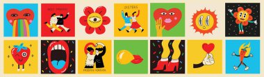 70s groovy square posters, cards or stickers. Retro print with hippie cute colorful geometric shapes, funky character concepts of crazy geometric, dripping emoticon. Only good vibes sentence concept