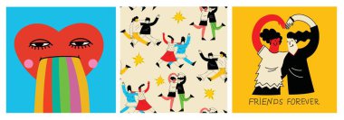 Kadın arkadaşlar. Kız arkadaşlar birlikte vakit geçirir, arkadaşlarıyla yürürler. Güçlü kadınlar ayakta, dans ve arkadaşlık vektör illüstrasyonu seti