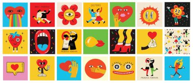 70s groovy square posters, cards or stickers. Retro print with hippie cute colorful geometric shapes, funky character concepts of crazy geometric, dripping emoticon. Only good vibes sentence concept