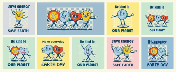Joyeux Jour Terre Cartes Rétro Avec Slogan Mascotte Planète Dessin — Image vectorielle