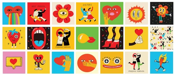 70S Groovy Square Posters Cards Stickers Ретро Печать Хиппи Милые — стоковый вектор