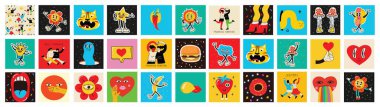 70s groovy square posters, cards or stickers. Retro print with hippie cute colorful geometric shapes, funky character concepts of crazy geometric, dripping emoticon. Only good vibes sentence concept