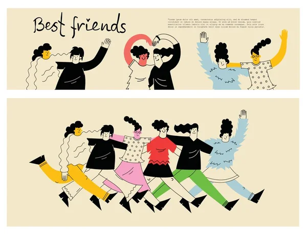 Vrouwelijke Vrienden Vriendinnen Brengen Tijd Samen Door Wandelen Met Vrienden — Stockvector