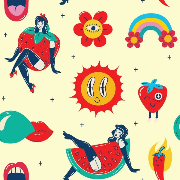 Retro Pin Girls Seamless Pattern Background Wallpaper Summer Girls Strawberry — Stock Vector