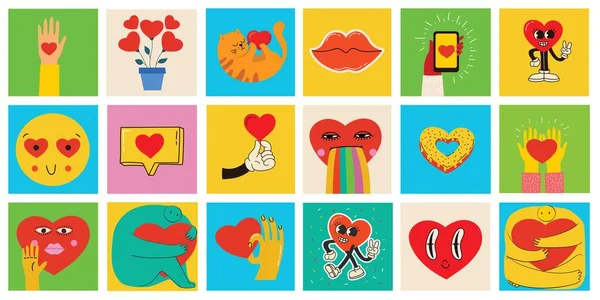 Geweldige Hippie Love Sticker Set Retro Fijne Valentijnsdag Comic Happy — Stockvector