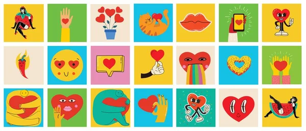 Geweldige Hippie Love Sticker Set Retro Fijne Valentijnsdag Comic Happy — Stockvector