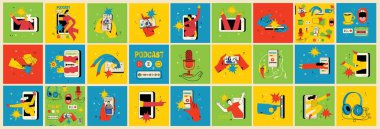 İnternette video izleme, podcast, talk show, TV uygulaması, canlı yayın kavramı. Ekranda mikrofonu olan bir adamla el ele tutuşmak. Çizgi film tarzında vektör illüstrasyonu