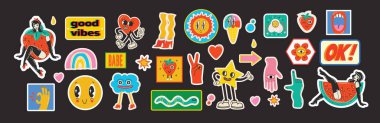 Groovy hippie love sticker character. Comic happymushroom, hot dog and cloud character with wings in trendy retro 60s 70s cartoon style. Vintage isolated vector illustration.