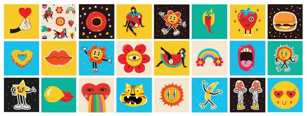Collection Multicolored Vintage Pop Art Summer Stickers Elements Decorative Design — Stock Vector