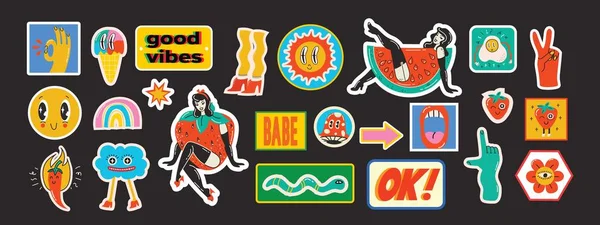 Groovy Hippie Karakter Stiker Cinta Comic Happymushroom Karakter Hot Dog - Stok Vektor