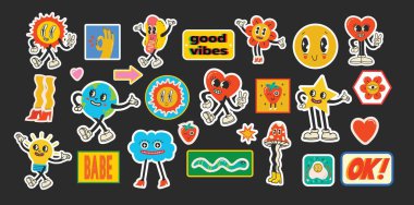 Komik komik karakterli ve eldivenli eski çizgi film çıkartmaları. Çağdaş soyut şekil, muz, yıldız ve mantar rozet vektörü çizimleri