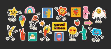 Komik komik karakterli ve eldivenli eski çizgi film çıkartmaları. Çağdaş soyut şekil, muz, yıldız ve mantar rozet vektörü çizimleri