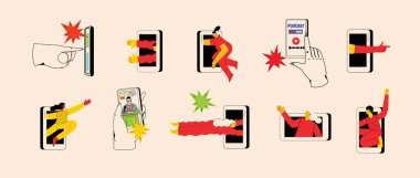 Müşteri tutma teknolojisi. Telefondaki ve internetteki sosyal medya pazarlaması ve bağımlılığı. Akıllı bir telefona düşen insanların bir tasviri. Vektör illüstrasyonu.