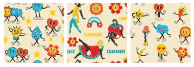 Renkli, komik, gülen yüz etiketsiz desen seti. Eski moda çıkartma karikatür arkaplanlarının koleksiyonu. Tuhaf çizgi roman karakteri duvar kağıdı tasarımı