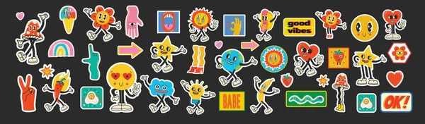 面白い漫画のキャラクターや手袋の手でレトロな漫画のステッカー 現代抽象的な形 バナナ 星とキノコのバッジベクトルセットのイラスト — ストックベクタ