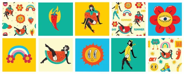 Collectie Veelkleurige Vintage Pop Kunst Zomer Stickers Elementen Decoratieve Design — Stockvector