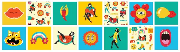Collection Multicolored Vintage Pop Art Summer Stickers Elements Decorative Design — Stock Vector
