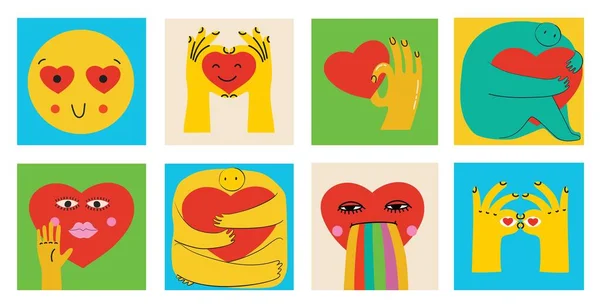 Grooviges Hippie Love Sticker Set Retro Glücklichen Valentinstag Comic Happy — Stockvektor
