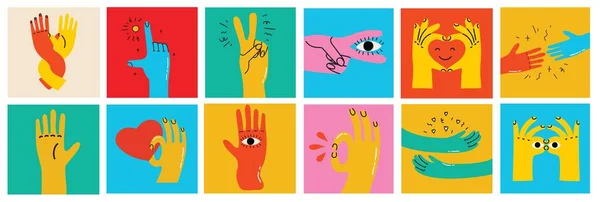 Κινούμενα Χέρια Αφηρημένα Ζωγραφισμένα Κόμικ Σύνολο Από Χέρι Πολύχρωμα Διαφορετικά — Διανυσματικό Αρχείο