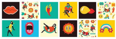 70s groovy square posters, cards or stickers. Retro print with hippie cute colorful geometric shapes, funky character concepts of crazy geometric, dripping emoticon. Only good vibes sentence concept