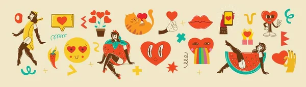 Groovy Hippie Set Stiker Cinta Retro Bahagia Hari Valentine Karakter - Stok Vektor