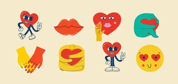 Grooviges Hippie Love Sticker Set Retro Glücklichen Valentinstag Comic Happy — Stockvektor