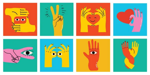 Groovy Hippie Αγάπη Σύνολο Πολύχρωμα Χέρια Διαφορετικές Χειρονομίες Χέρια Καρδιά — Διανυσματικό Αρχείο