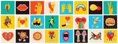 70s groovy square posters, cards or stickers. Retro print with hippie cute colorful geometric shapes, funky character concepts of crazy geometric, dripping emoticon. Only good vibes sentence concept