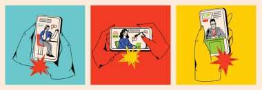 İnternette video izleme, podcast, talk show, TV uygulaması, canlı yayın kavramı. Ekranda mikrofonu olan bir adamla el ele tutuşmak. Çizgi film tarzında vektör illüstrasyonu