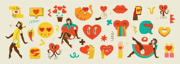 Groovy Hippie Love Sticker Set Joyeuse Saint Valentin Rétro Caractère — Image vectorielle