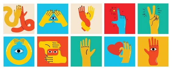 Groovy Hippie Set Colorful Hands Different Gestures Hands Heart Together — Stock Vector